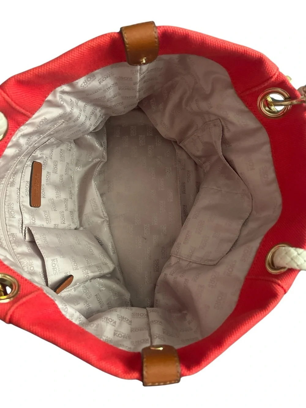 MICHAEL KORS MARINA MANDARIN RED CANVAS CONVERTIBLE PURSE,HAND+GRAB BAG